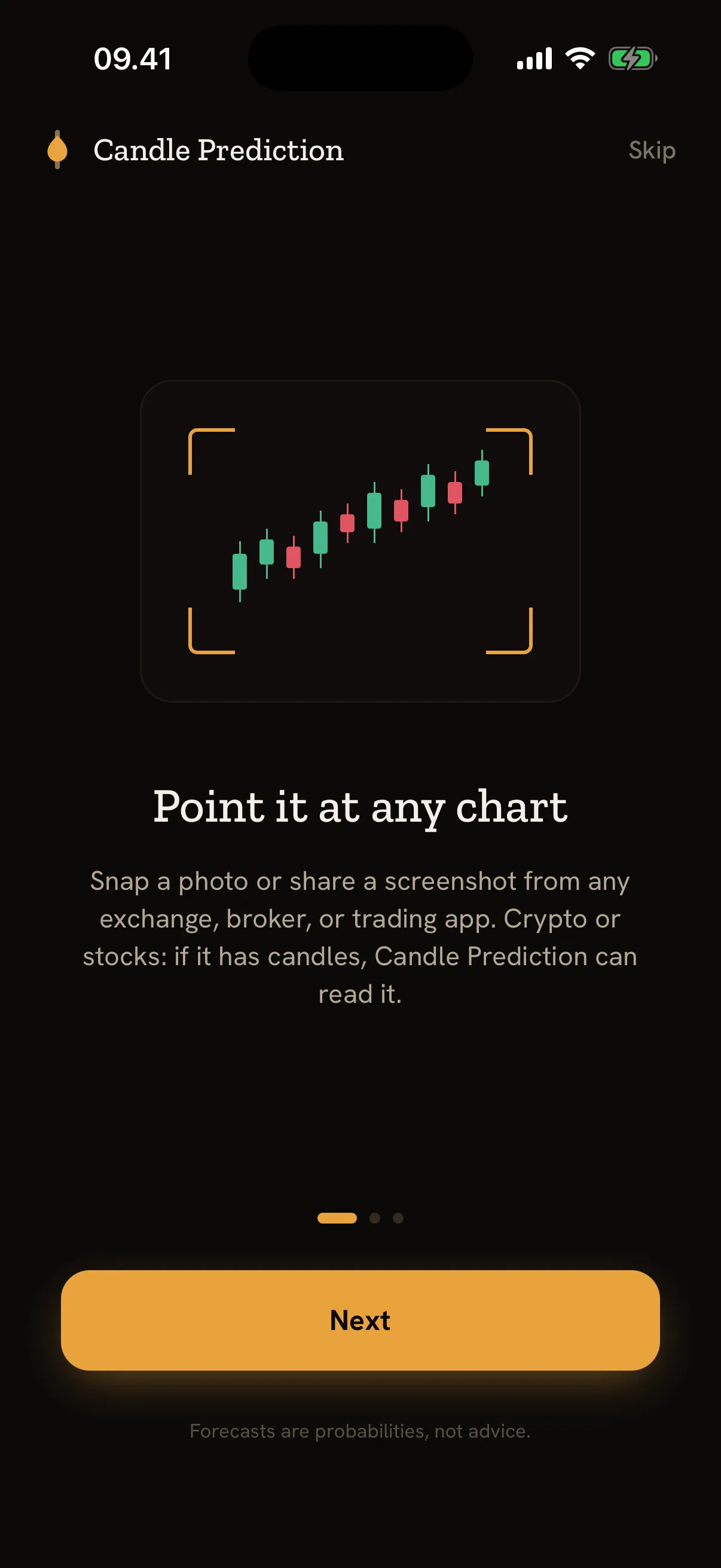 Candle Prediction onboarding: a framed candlestick chart under the heading “Point it at any chart”.