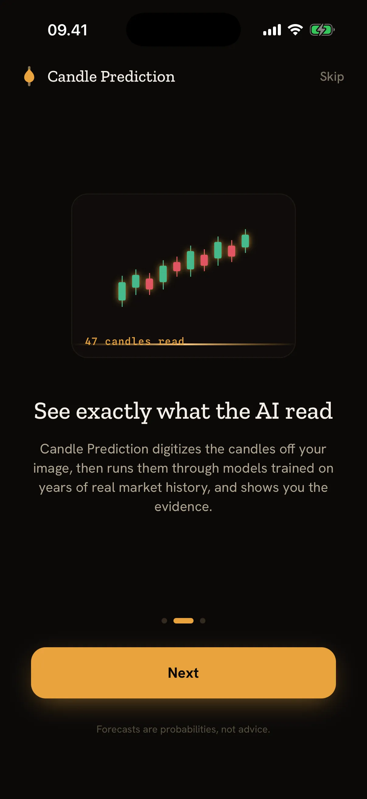 Onboarding screen showing digitised candles with the caption “47 candles read”.