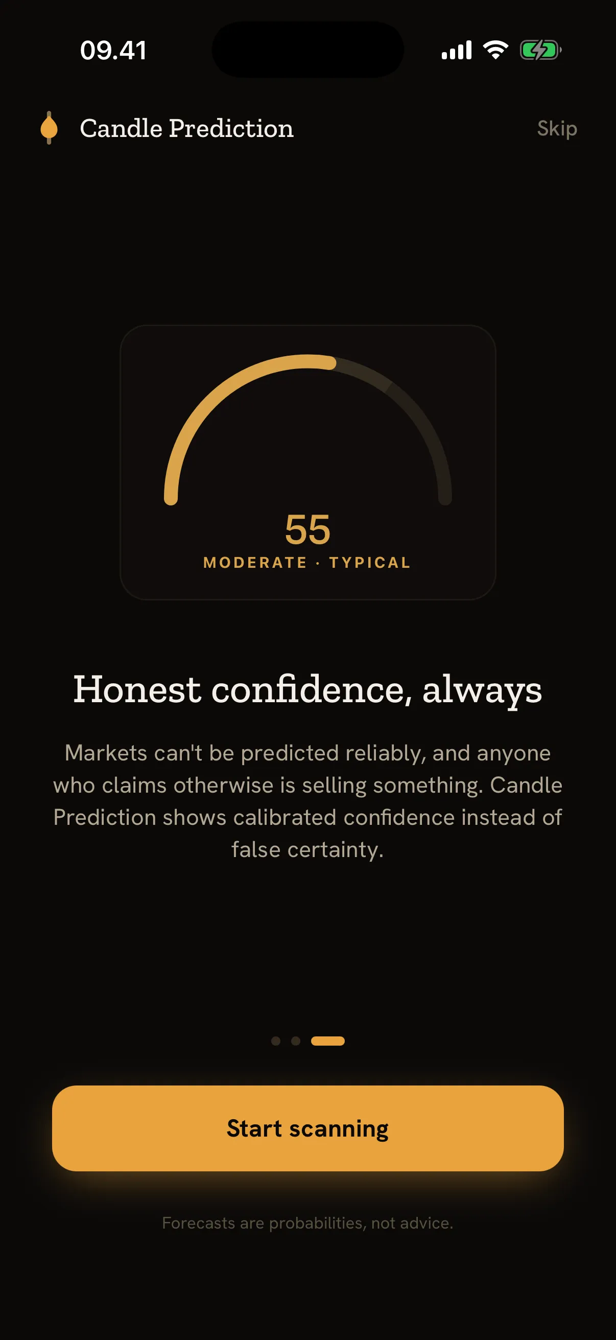 Onboarding screen with a confidence dial reading 55, labelled Moderate · typical, under the heading “Honest confidence, always”.